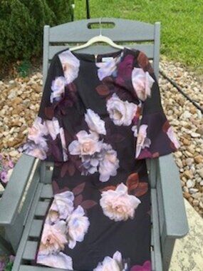 Calvin Klein Floral Bell Sleeve Sheath Dress Size 6 Blush Pink/Purple